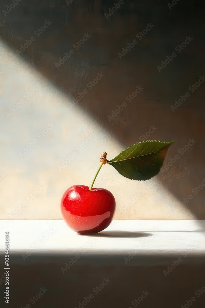 Poster a single cherry on a white table, close-up, deep red color with a hint of soft natural shadow peekin