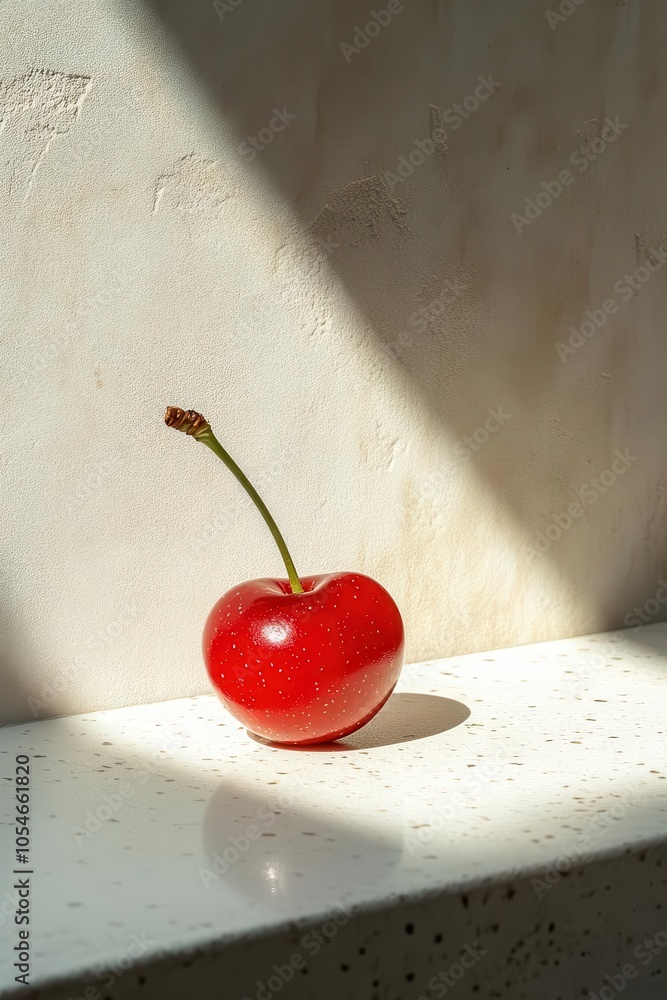 Poster a single cherry on a white table, close-up, deep red color with soft natural shadow, adding a pop of