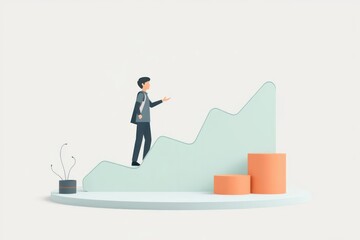Obraz premium 3D illustration of a man walking up a graph