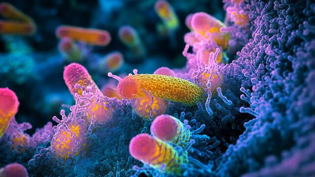 This is a microscopic image of bacteria attaching to a cell