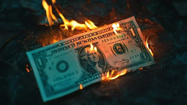 Dollar bill burning on fire. inflation.