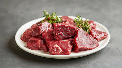 Fresh beef chunks on white plate with green thyme, perfect for cooking delicious meals. vibrant red color and natural texture make it appetizing choice for any dish