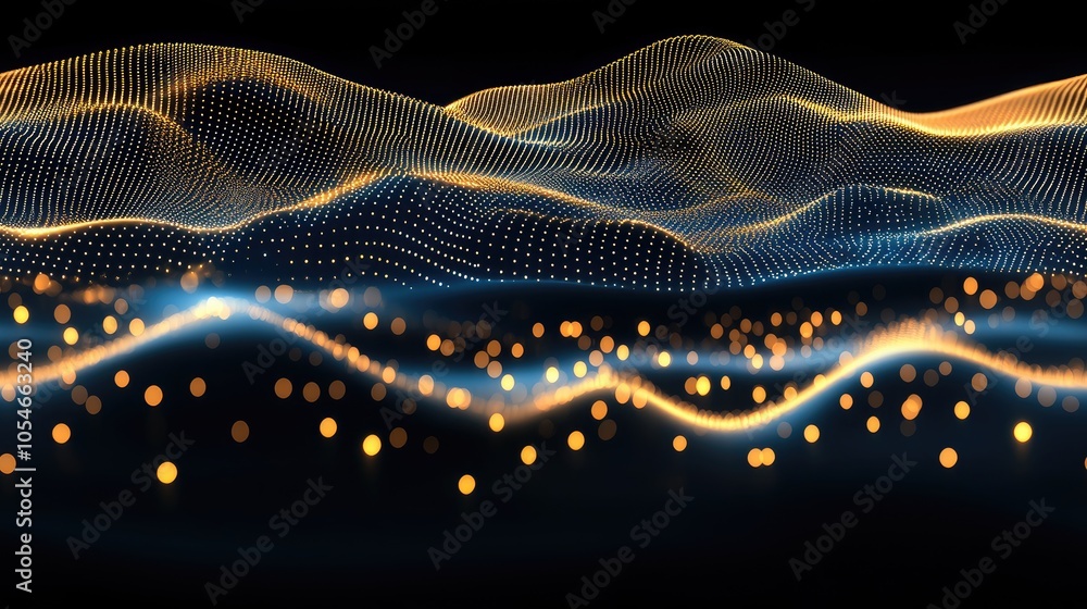 Poster glowing waves of blue and gold flow dynamically across a dark background, creating a mesmerizing abs