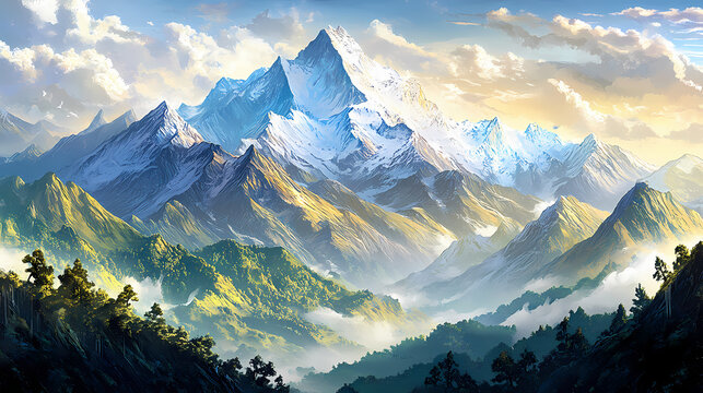 Majestic snow-capped kumbhakarna mountain rises from lush green valleys, its rugged peaks shrouded in mist, in the himalayan range at dawn, nepal. Rugged Mountain Range. Illustration