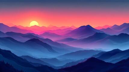 Fototapeta premium A breathtaking digital art landscape showcasing layered mountains at sunset, with vibrant shades of pink, purple, and orange illuminating the serene sky.