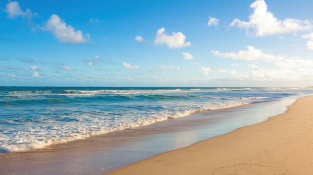 Idyllic beach scene with soft waves and clear blue sky.