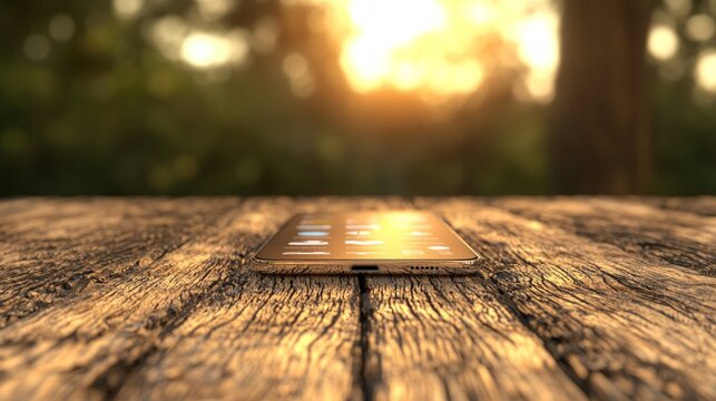 A modern smartphone lies on a rustic wooden table with a blurred background of a forest and sunset.