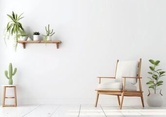 Minimalist living room with a white armchair. wooden shelf. and plants against a white wall