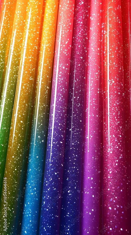 Poster a vibrant array of rainbow-colored glittery tubes, each reflecting light and creating a shimmering g