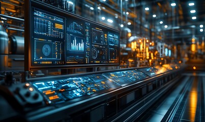 Fototapeta premium Industrial control panel with digital interface in futuristic factory.