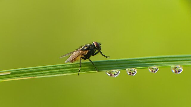 house fly on plant stem with blur background