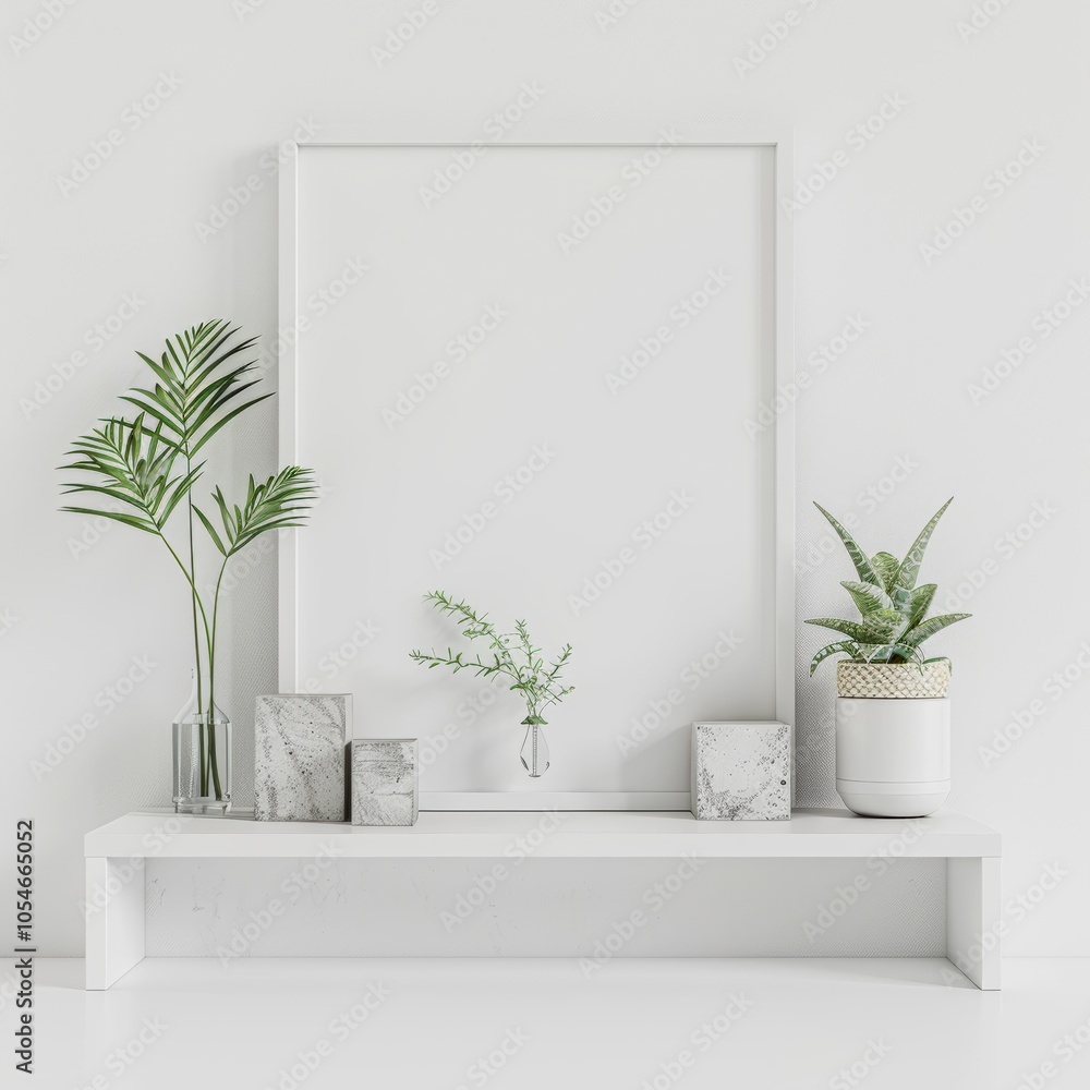 Wall mural a white shelf with two plants. two marble blocks and a blank picture frame in a minimal room interio