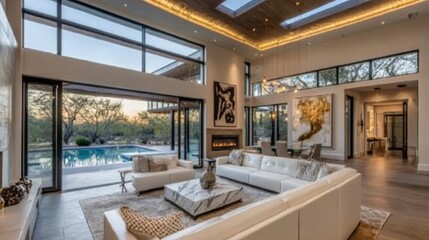 Fototapeta premium Luxurious open plan living room with white leather sofas surrounding a marble coffee table. Large windows overlooking the pool. Golden lighting adds to the luxurious atmosphere of the room.
