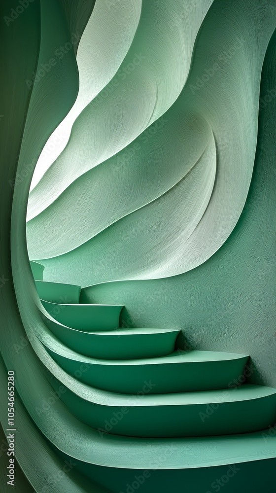 Poster a mesmerizing view of spiraling green stairs within a sculptural, wave-like corridor, featuring soft