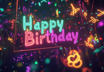 Colorful neon lights illuminate festive scene with cheerful message Happy Birthday, surrounded by vibrant confetti and playful decorations, creating joyful atmosphere