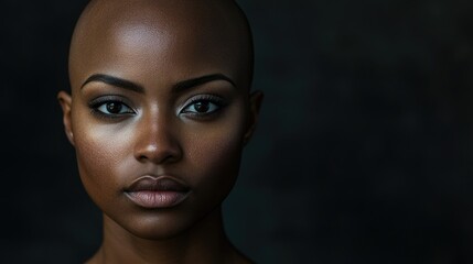 Portrait of a dark-skinned woman suffering from cancer after severe hair loss due to chemotherapy treatment