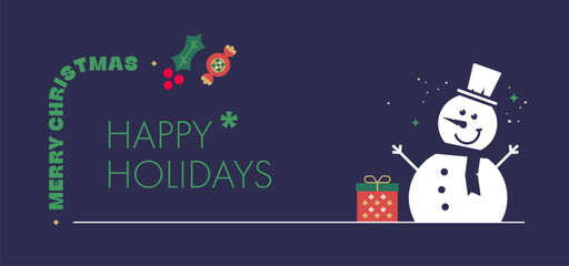 Naklejka premium Festive holiday greeting card with smiling snowman, Christmas gift, holly, on dark blue background