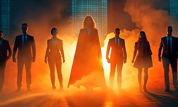 A group of superheroes stands dramatically against a fiery backdrop.