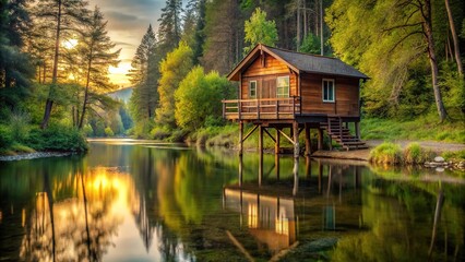 Obraz premium Rustic wooden cabin on stilts over calm river secluded getaway in nature