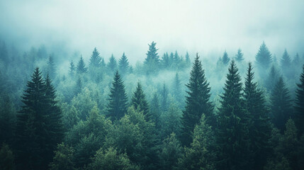Fototapeta premium top view of mysterious forest and foggy view. ai generative