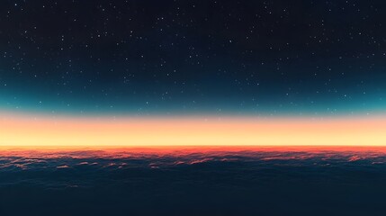 Fototapeta premium A stunning view of a twilight sky above a sea of clouds, featuring a gradient of deep blue transitioning to warm orange and pink hues, dotted with twinkling stars.