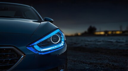 Obraz premium Close-Up of a Modern Sports Car's Illuminated Headlight and Sleek Design in Low-Light Setting .