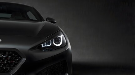Close-Up of a Modern Sports Car's Illuminated Headlight and Sleek Design in Low-Light Setting .