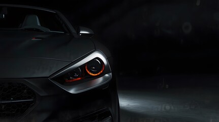 Close-Up of a Modern Sports Car's Illuminated Headlight and Sleek Design in Low-Light Setting .