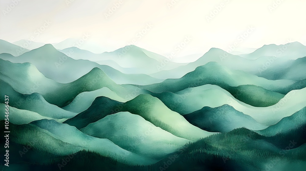 Aufkleber a serene landscape of rolling green hills in varying shades of teal and emerald, creating a tranquil