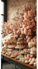 Fototapeta premium A Rustic Tabletop Display of Cupcakes and Delicate Floral Decorations
