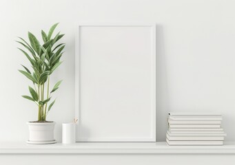 A white framed poster mockup with a potted plant and a stack of books on a white shelf against a white wall
