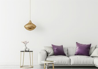 Minimalist living room interior with a white sofa. purple pillows. a gold side table. and a vase of flowers