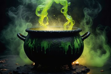 witch Cauldron on green fire, magic cauldron, fiery pot, Halloween illustration