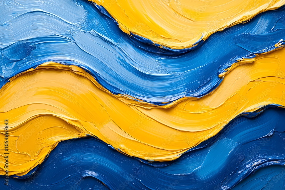 Aufkleber abstract blue and yellow oil paint texture with wavy patterns.