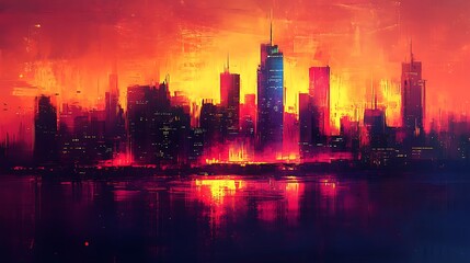 Fototapeta premium Vibrant cityscape at dusk with fiery skyline reflection