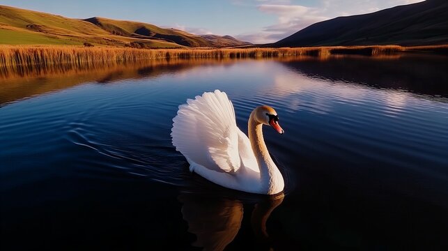 A lone swan glides gracefully across a tranquil lake with a backdrop of rolling hills. The water's surface reflects the sky and creates a serene atmosphere.