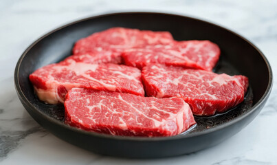 Fresh marbled beef steaks are arranged in skillet, showcasing their rich red color and marbling. Perfect for grilling or searing, these cuts promise delicious meal