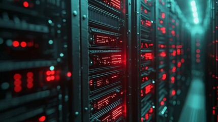 Network facility with futuristic tech and data hubs, geometric, high quality, macro lens, DSLR, 16:9