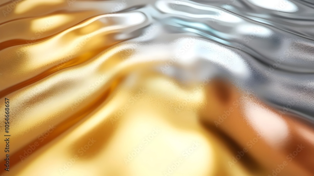 Poster close-up view of shimmering metallic waves in gold and silver tones, creating a luxurious and dynami