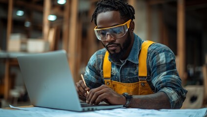 Focused Carpenter Working on Laptop