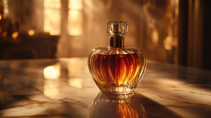 Luxurious perfume bottle on marble surface, illuminated by warm light, creating elegant atmosphere. intricate design and rich color evoke sense of sophistication and allure