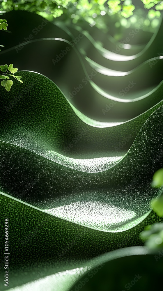 Poster a close-up of vibrant green waves interspersed with lush foliage, creating a serene and calming atmo