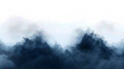 Obraz premium An abstract depiction of dark, swirling mountains shrouded in mist, creating a serene and mystical atmosphere. The hues of blue and gray blend seamlessly into the soft white background.
