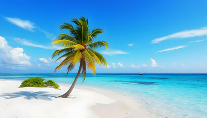 beautiful white sand beach with unique green palm tree and turquoise sea on a caribbean island isolated with white shades, png