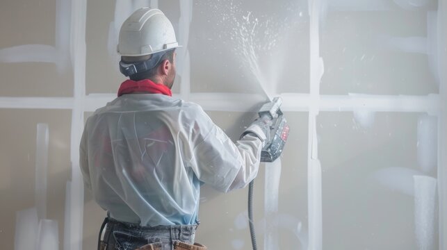 A worker uses a drywall sander to smooth out imperfections in preparation for painting the interior walls.