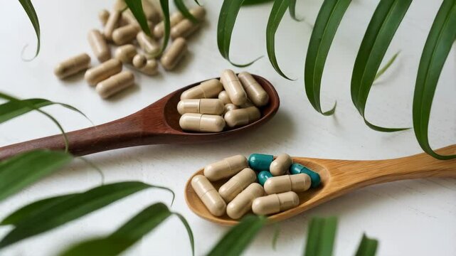Two wooden spoons hold capsules amid green leaves, suggesting health and wellness.