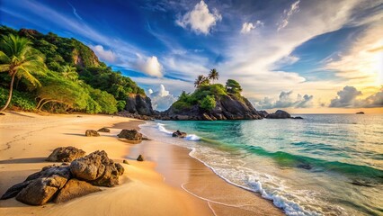 Sandy beaches and rocks along coast of island Silhouette