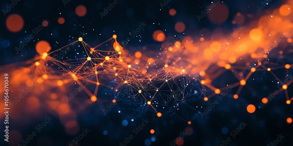Poster abstract glowing network with orange and blue bokeh.