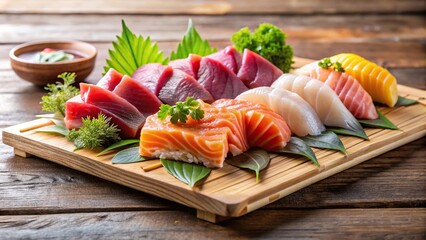 Sashimi assortment on wooden cutting board
