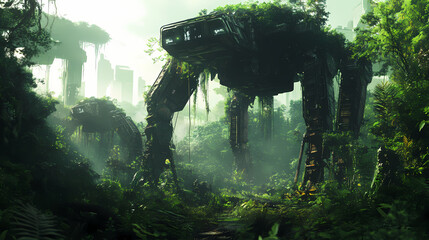 Naklejka premium Robotic ecosystem project in reclaimed rainforest wilderness. Terraforming Machine. Illustration